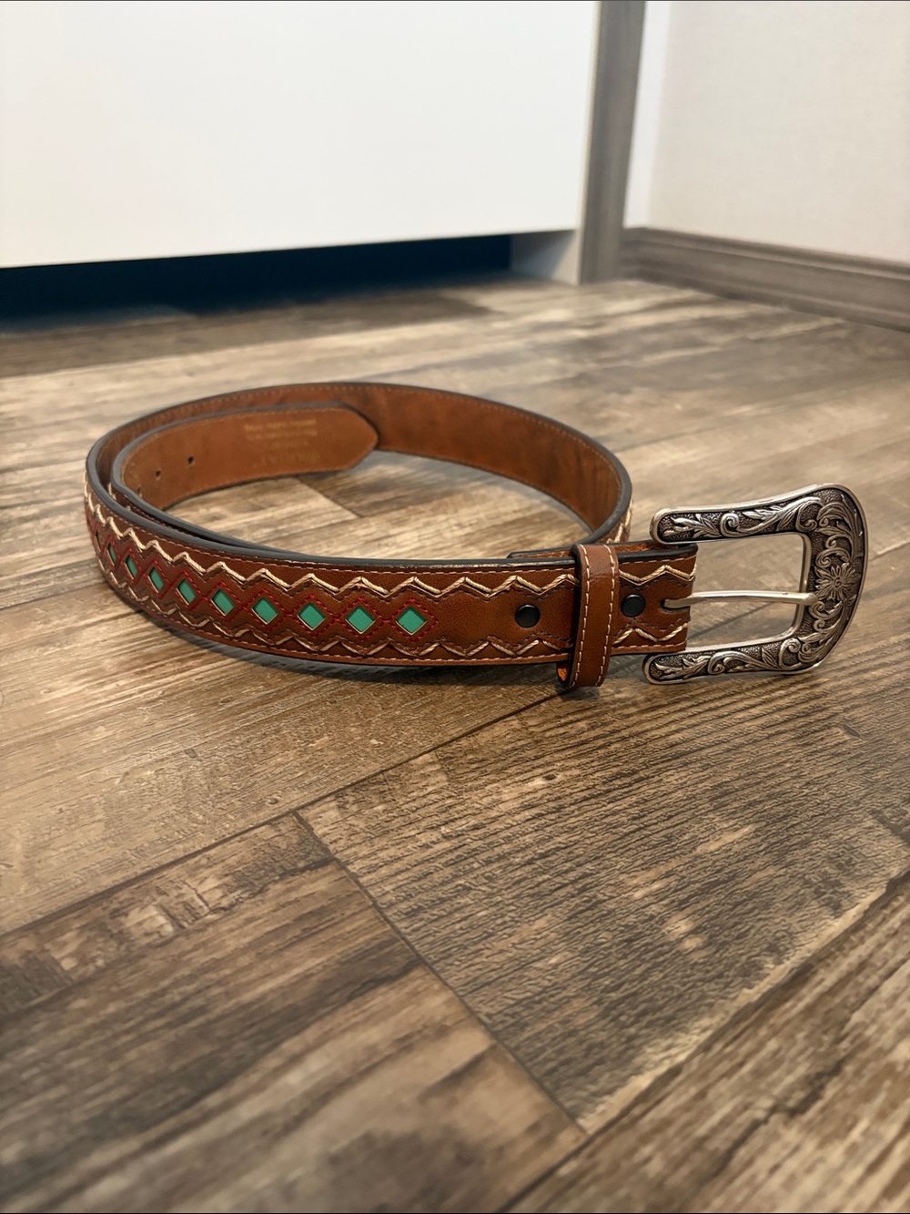 Women’s Brown Leather Western Belt with Turquoise Inlay